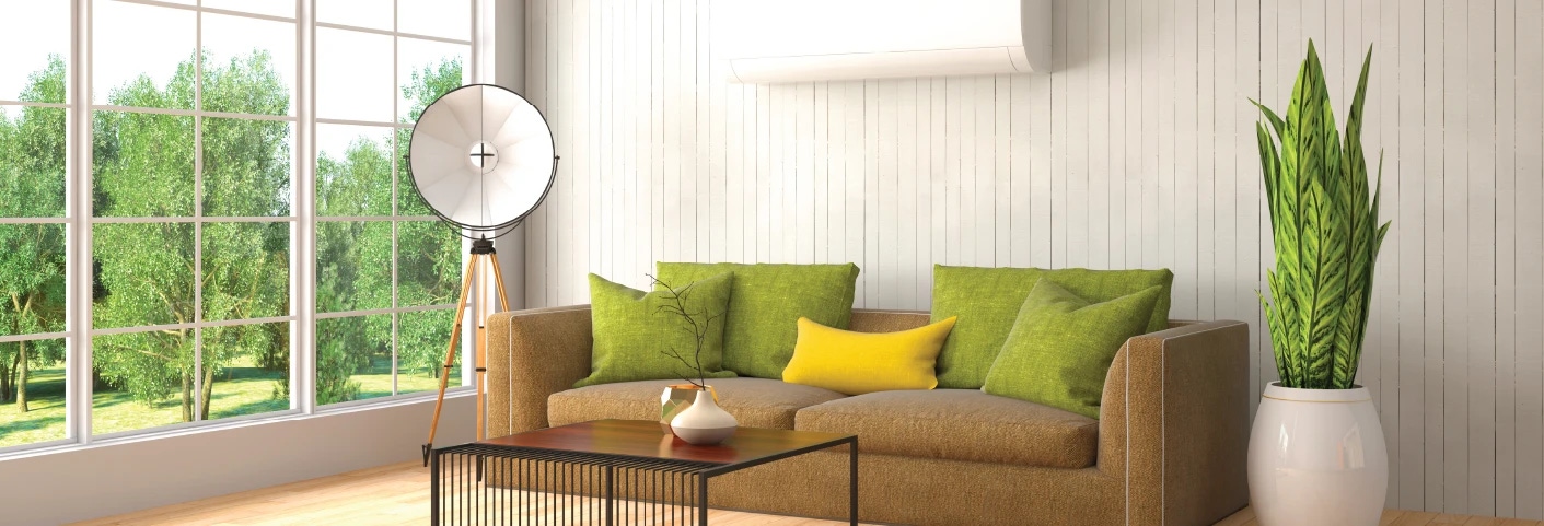 Mini-split heat pump installed in an airy upscale living room